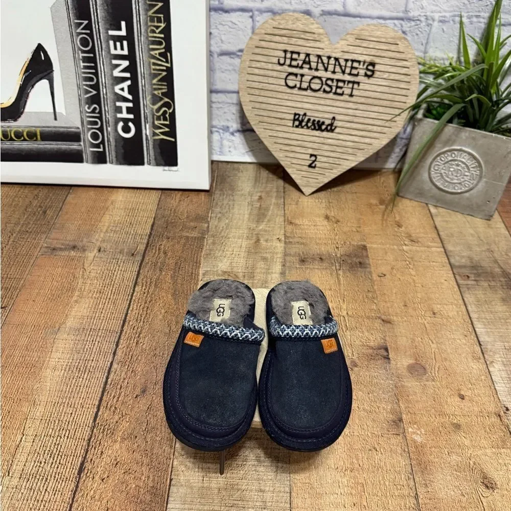 Ugg Tasman II Youth Navy Blue Suede Mule Moccasin Shearling Footbed 10